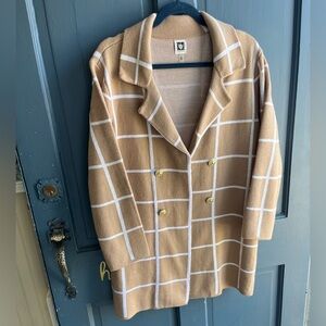 Anne Klein Camel and Ivory Windowpane Plaid Sweater Jacket Coatigan, Size M